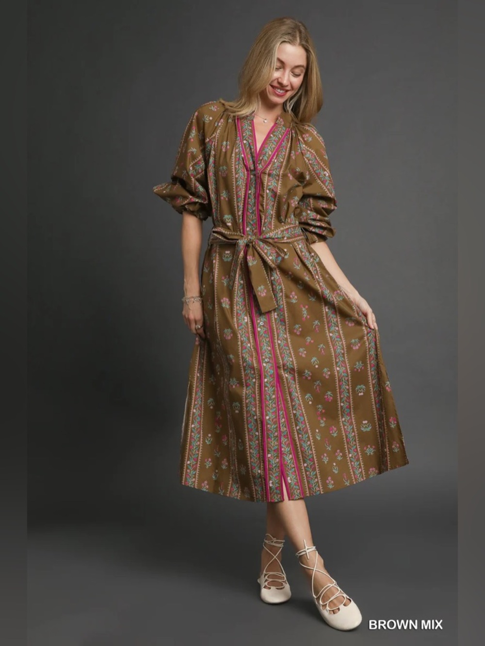 Entro Floral Button Up Midi Dress, Medium